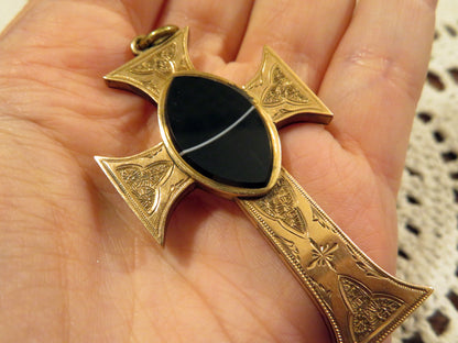 RARE Large Antique 9K Solid Gold Victorian Banded Agate Locket Cross Pendant