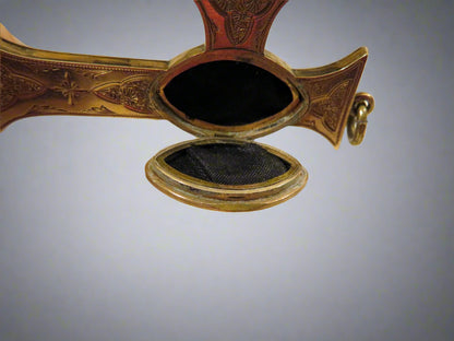 RARE Large Antique 9K Solid Gold Victorian Banded Agate Locket Cross Pendant