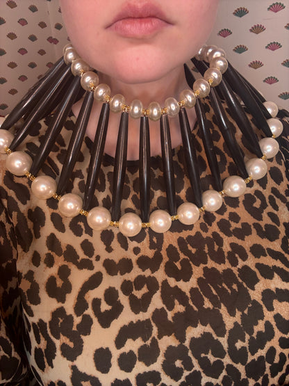 Julie Rubano RARE Huge Pearl Wood Collar Necklace