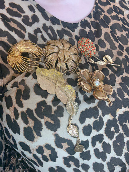 Vintage Marigold Rhinestone Gold Flower Brooch