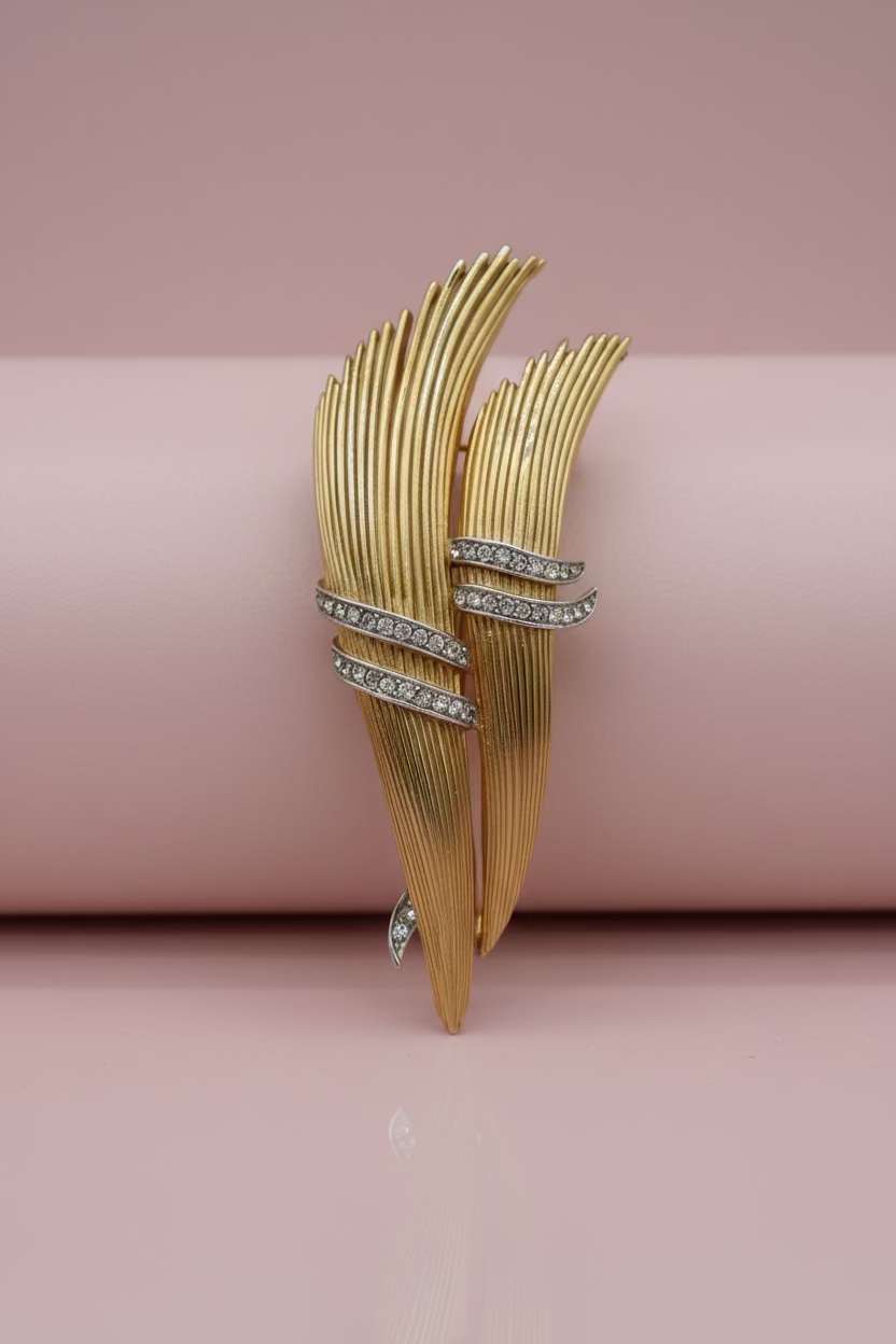 Vintage Trifari Mid-Century Rhinestone Fan Brooch
