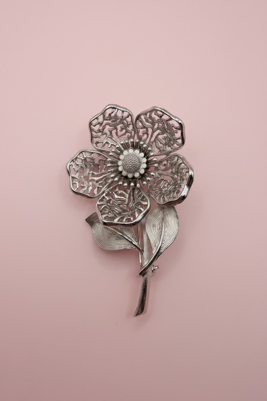 Vintage Coro Mid-Century Silver Filigree Flower Brooch