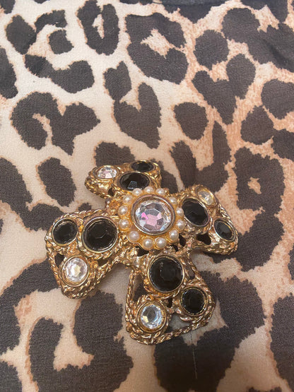 Vintage Midcentury Domed Rhinestone Maltese Cross Brooch