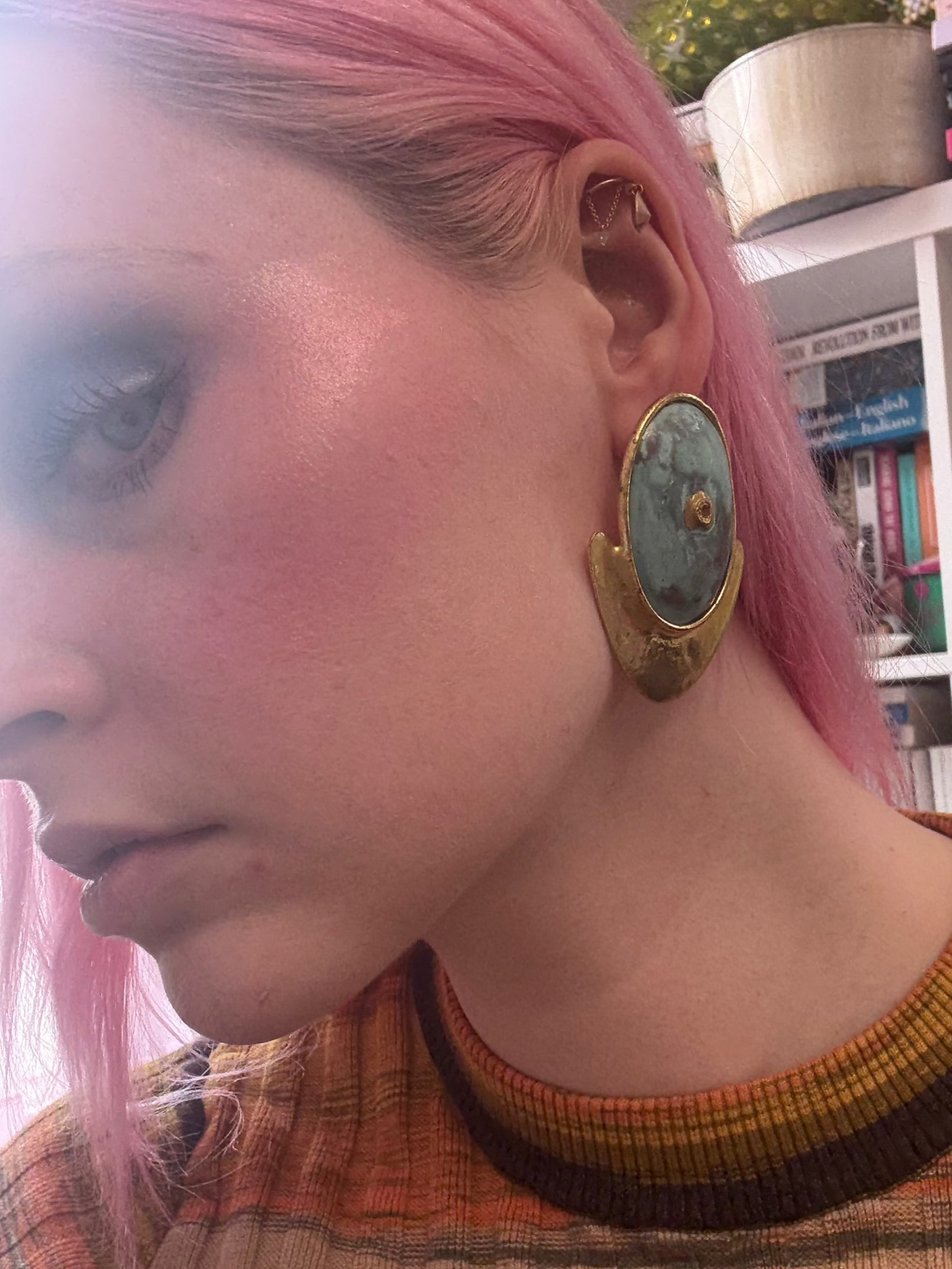Vintage Huge Green Gold Earrings
