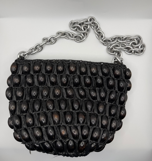 Vintage 1960s Mod Black Wooded Beaded Bag
