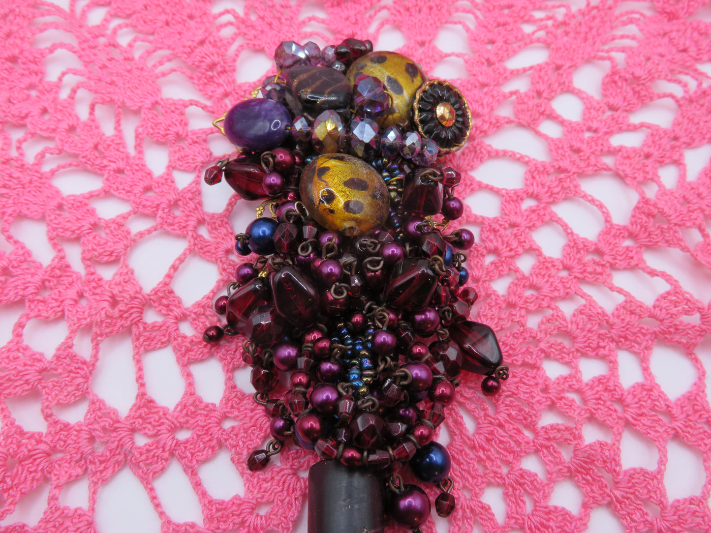 Vintage Sarah Jane Beaded Fringe Collage Pendant Charm