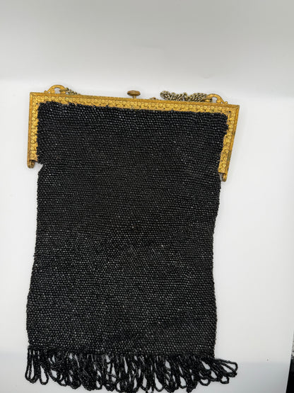 Antique Victorian Jet-Black Beaded Mourning Bag with Ornate Gilt Frame, c. 1890–1910