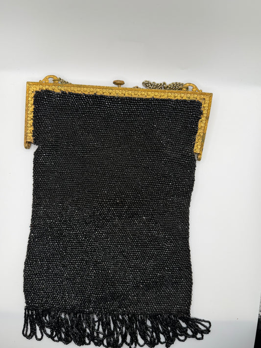 Antique Victorian Jet-Black Beaded Mourning Bag with Ornate Gilt Frame, c. 1890–1910