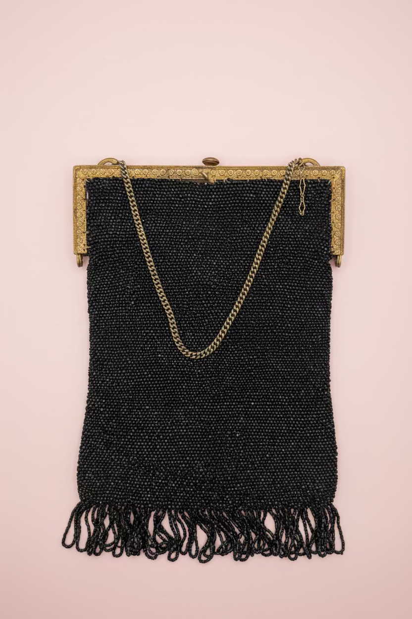 Antique Victorian Jet-Black Beaded Mourning Bag with Ornate Gilt Frame, c. 1890–1910