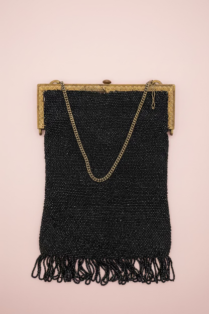 Antique Victorian Jet-Black Beaded Mourning Bag with Ornate Gilt Frame, c. 1890–1910
