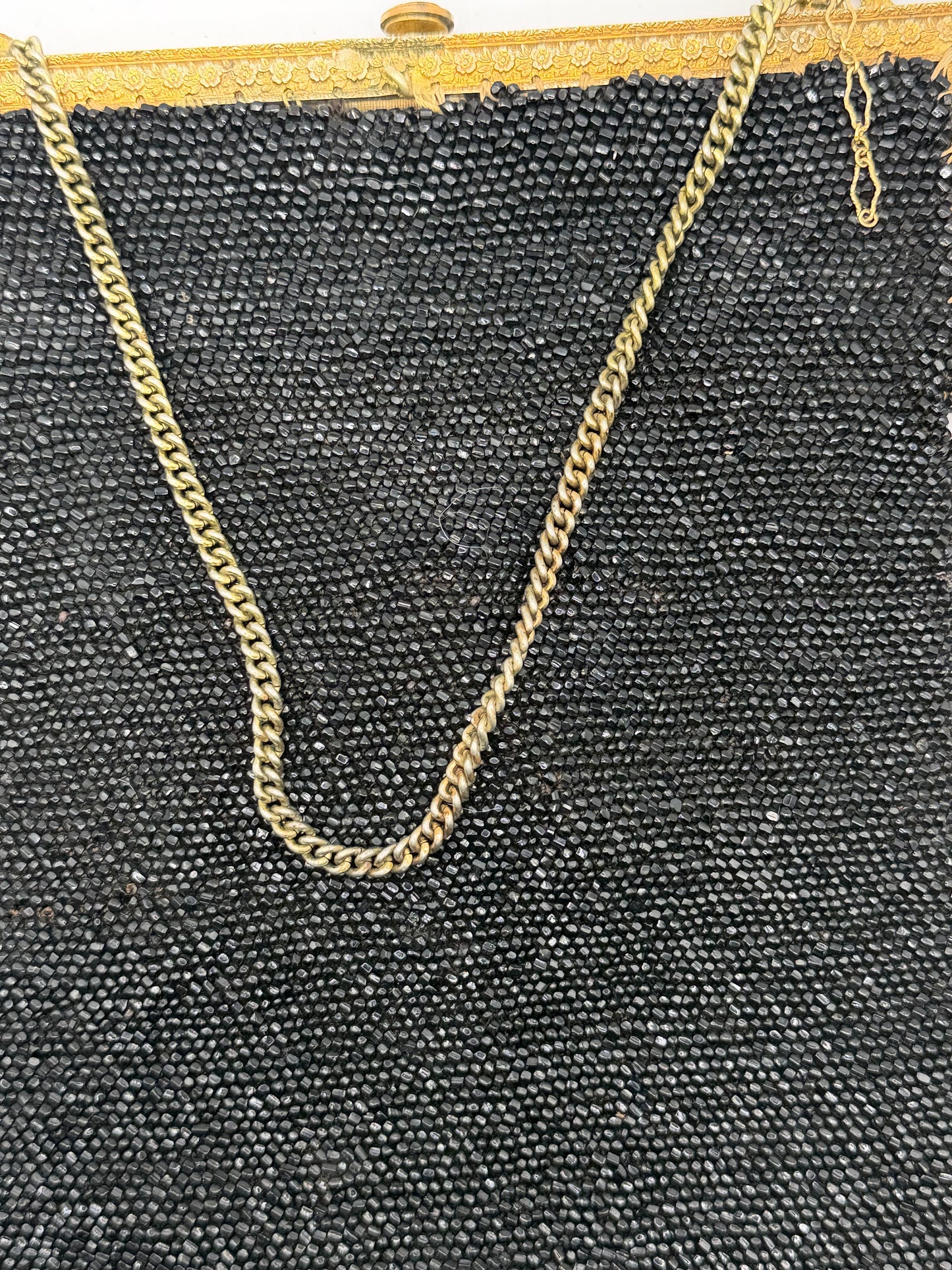 Antique Victorian Jet-Black Beaded Mourning Bag with Ornate Gilt Frame, c. 1890–1910