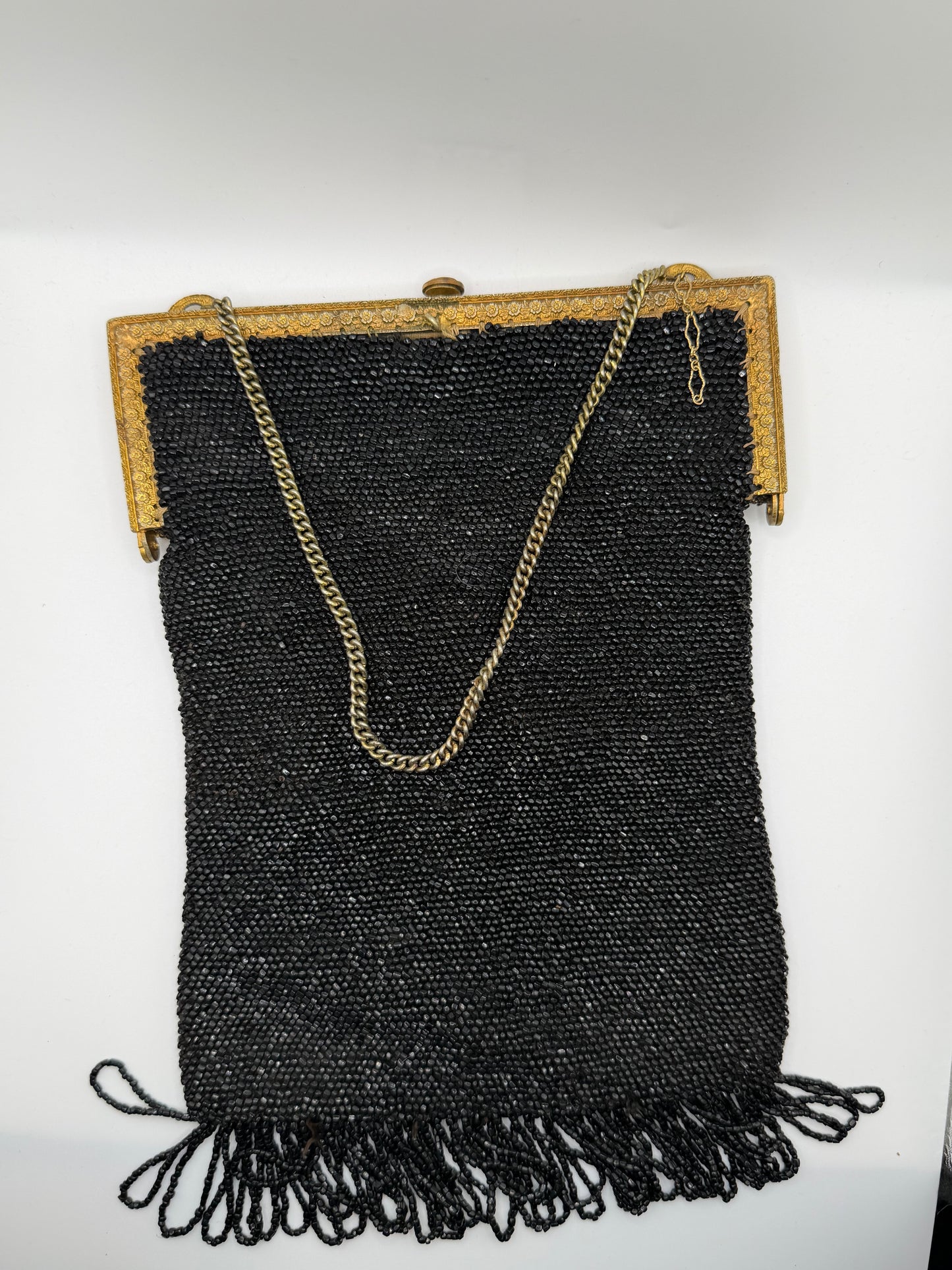 Antique Victorian Jet-Black Beaded Mourning Bag with Ornate Gilt Frame, c. 1890–1910