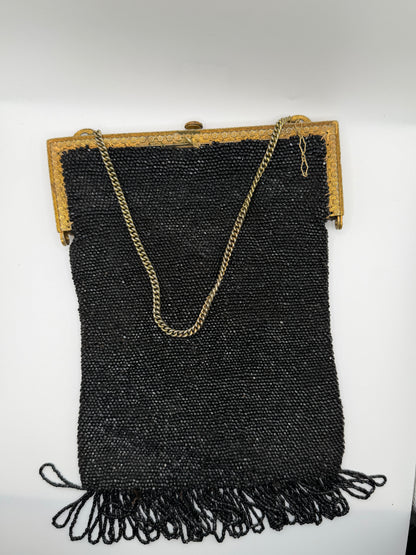 Antique Victorian Jet-Black Beaded Mourning Bag with Ornate Gilt Frame, c. 1890–1910