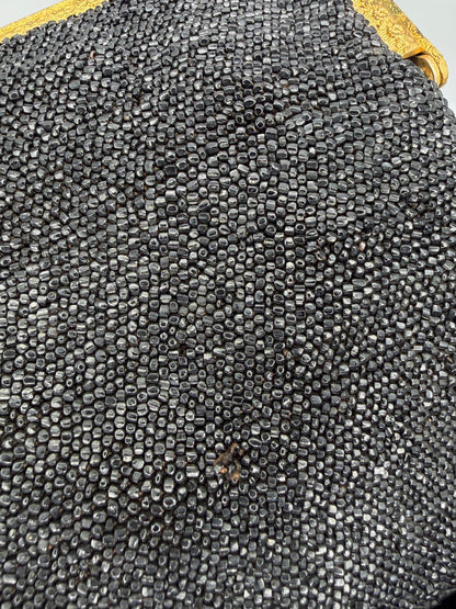 Antique Victorian Jet-Black Beaded Mourning Bag with Ornate Gilt Frame, c. 1890–1910