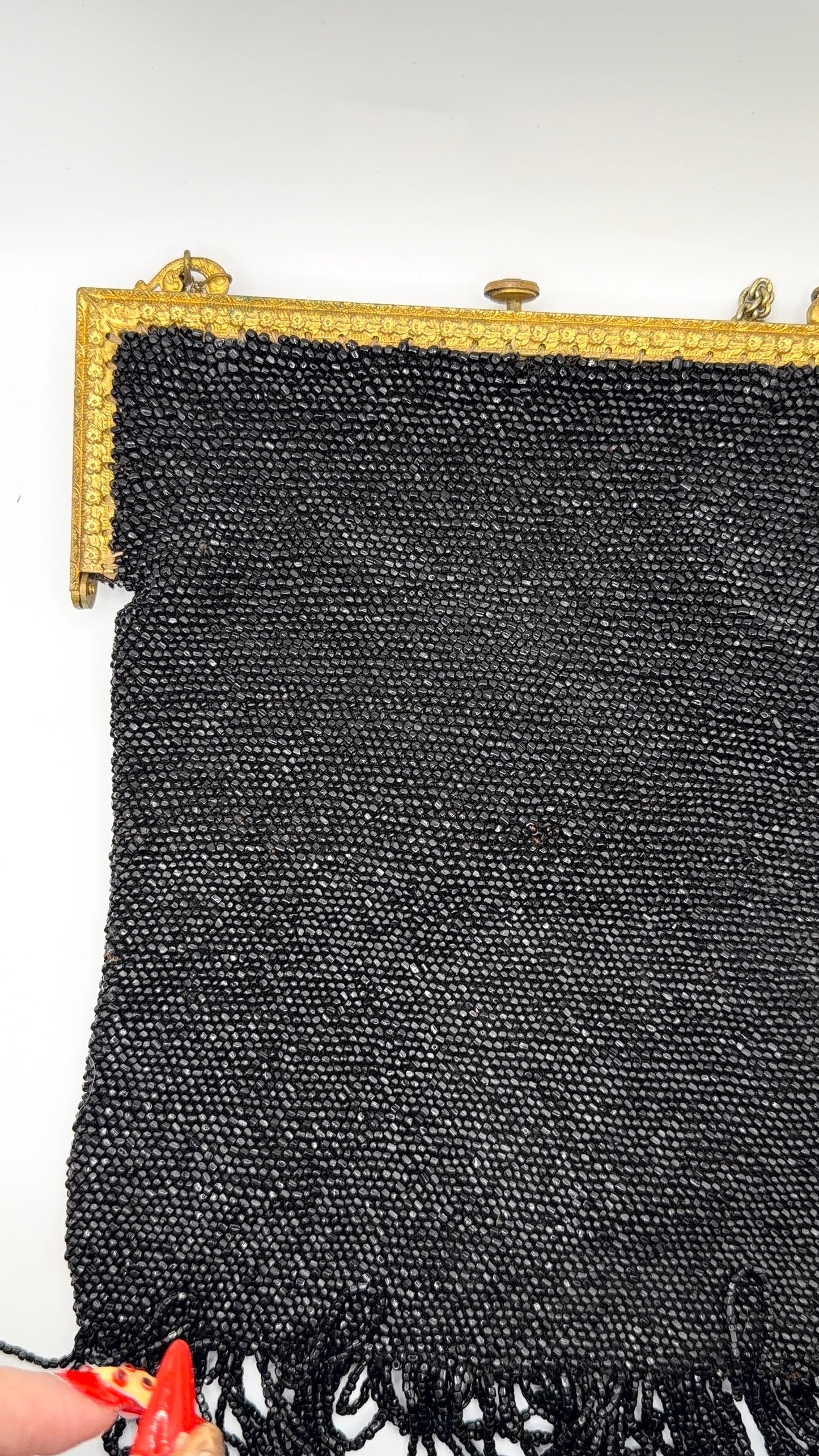 Antique Victorian Jet-Black Beaded Mourning Bag with Ornate Gilt Frame, c. 1890–1910