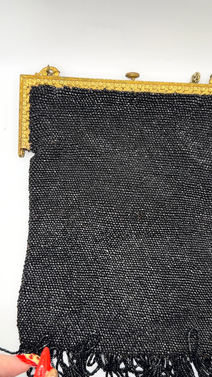 Antique Victorian Jet-Black Beaded Mourning Bag with Ornate Gilt Frame, c. 1890–1910