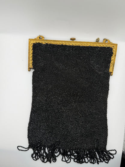Antique Victorian Jet-Black Beaded Mourning Bag with Ornate Gilt Frame, c. 1890–1910