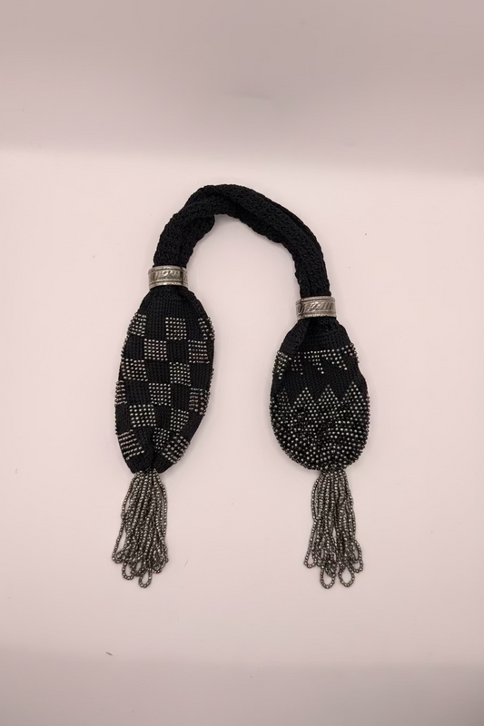 Antique Victorian Cut Steel Miser's Purse, Black Silk Crochet, c. 1840s–1880s
