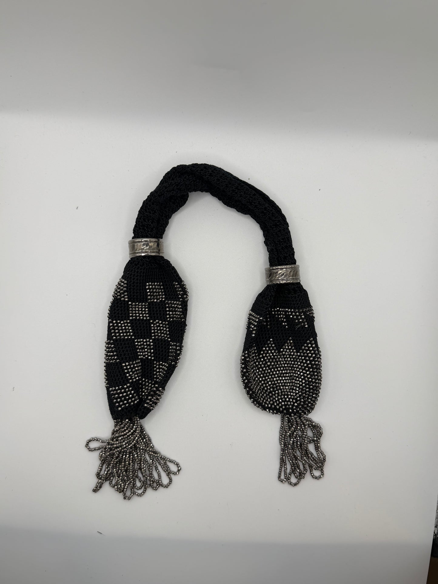 Antique Victorian Cut Steel Miser's Purse, Black Silk Crochet, c. 1840s–1880s