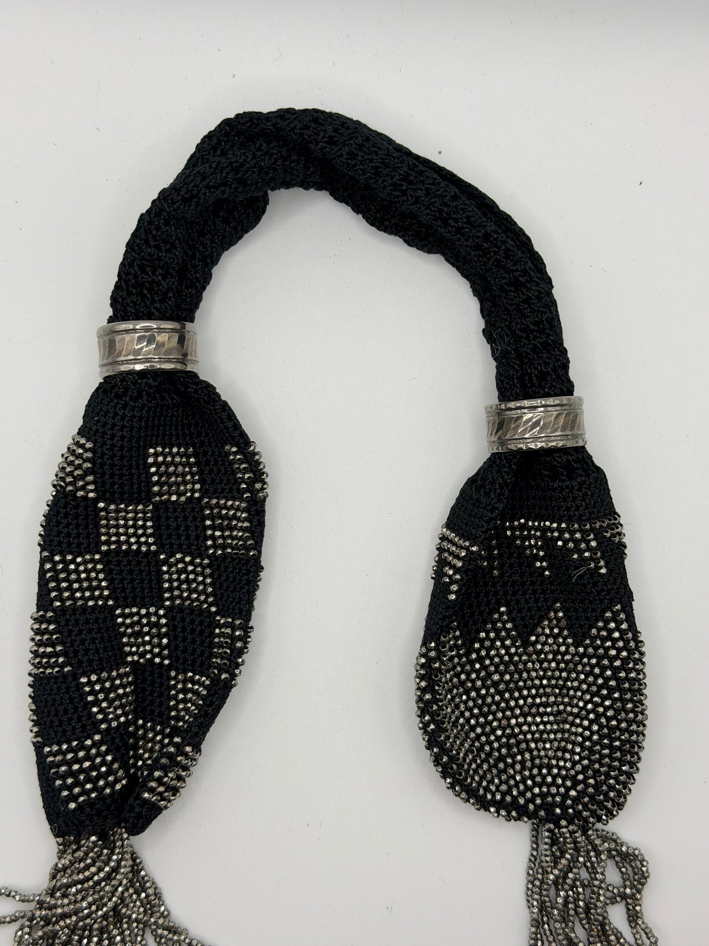 Antique Victorian Cut Steel Miser's Purse, Black Silk Crochet, c. 1840s–1880s