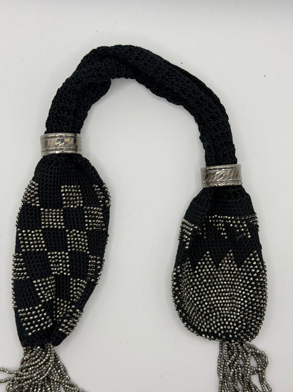 Antique Victorian Cut Steel Miser's Purse, Black Silk Crochet, c. 1840s–1880s