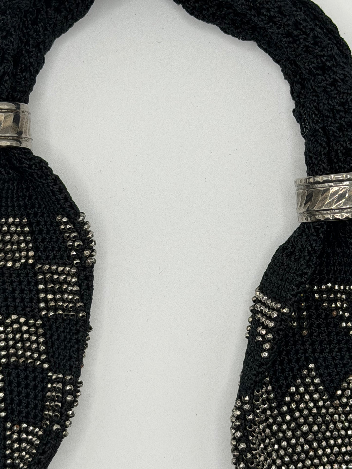 Antique Victorian Cut Steel Miser's Purse, Black Silk Crochet, c. 1840s–1880s