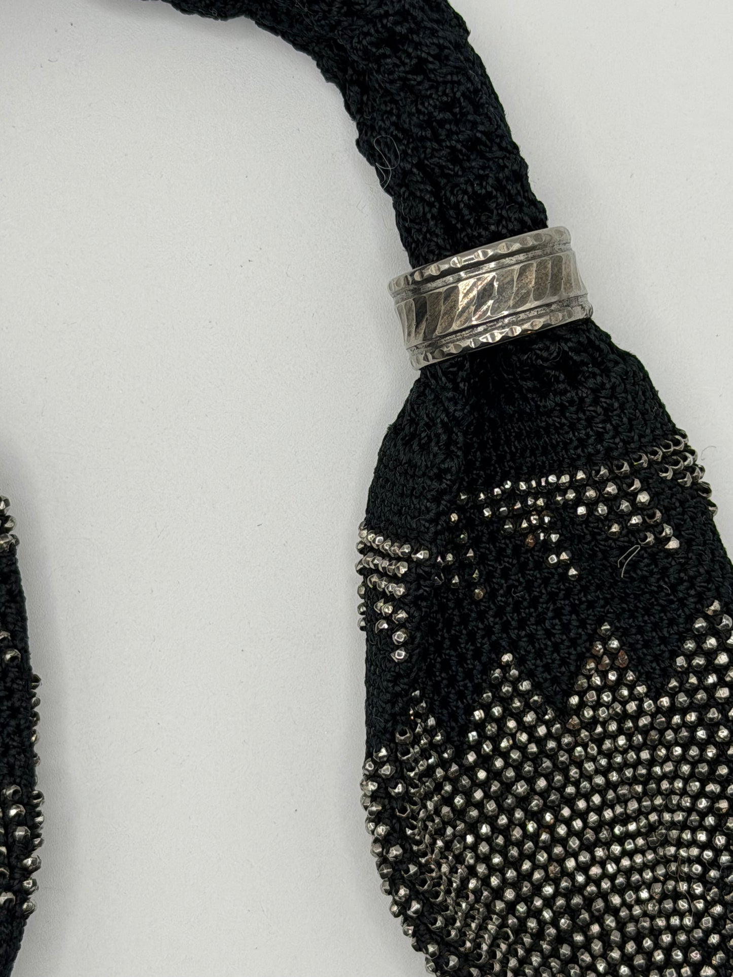 Antique Victorian Cut Steel Miser's Purse, Black Silk Crochet, c. 1840s–1880s