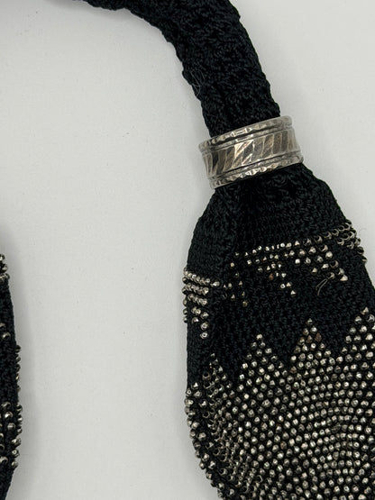 Antique Victorian Cut Steel Miser's Purse, Black Silk Crochet, c. 1840s–1880s