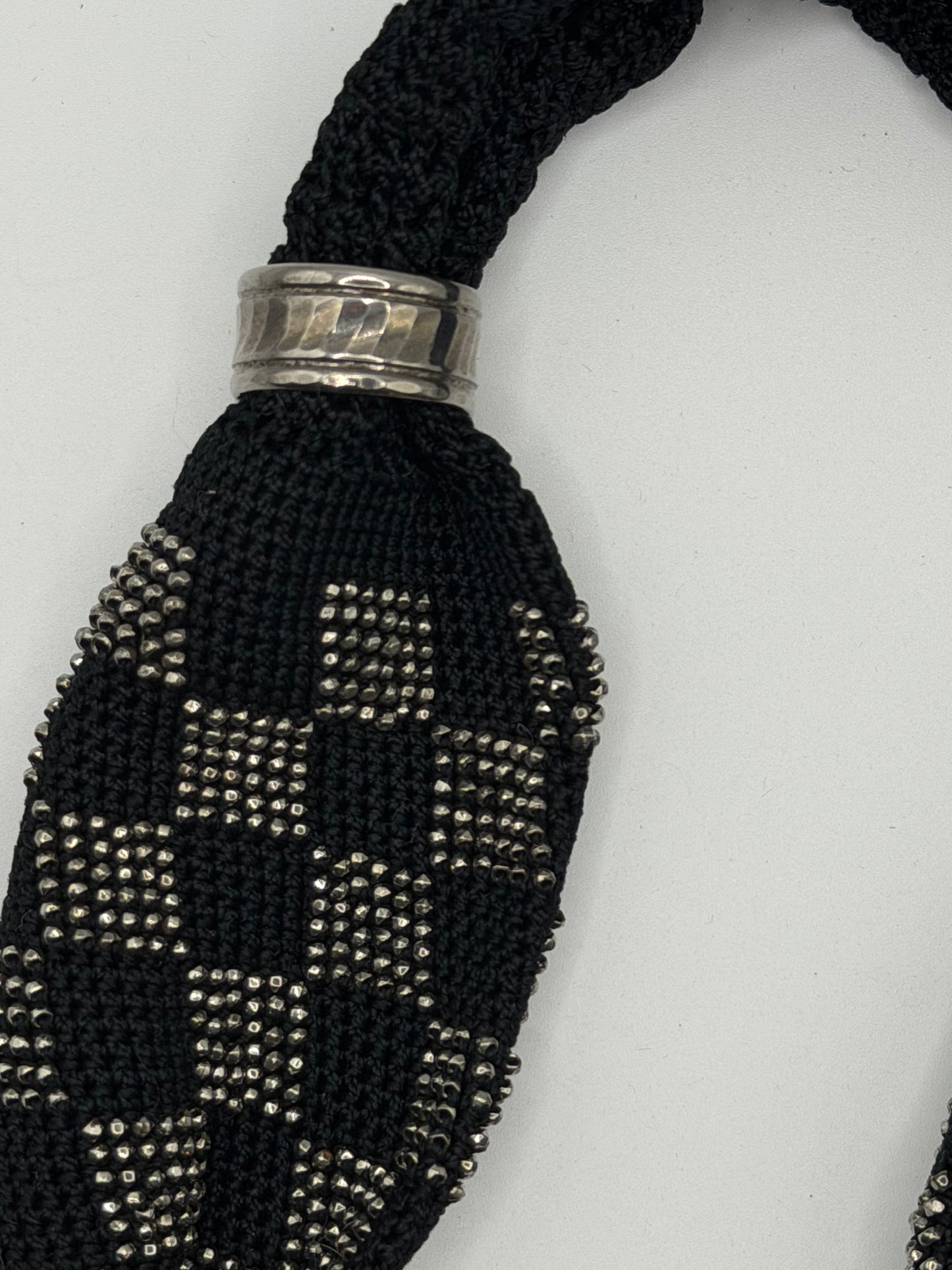Antique Victorian Cut Steel Miser's Purse, Black Silk Crochet, c. 1840s–1880s