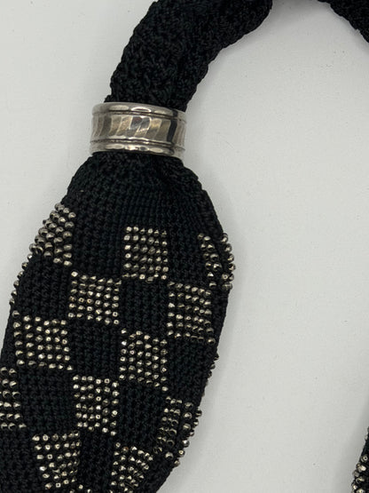 Antique Victorian Cut Steel Miser's Purse, Black Silk Crochet, c. 1840s–1880s