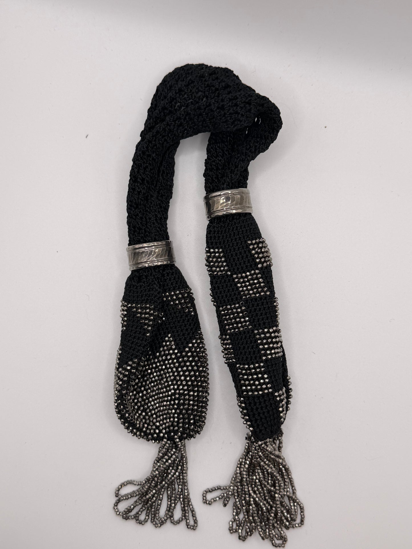 Antique Victorian Cut Steel Miser's Purse, Black Silk Crochet, c. 1840s–1880s