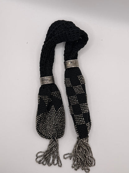 Antique Victorian Cut Steel Miser's Purse, Black Silk Crochet, c. 1840s–1880s