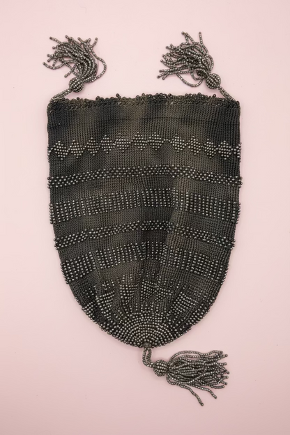 Antique French Cut Steel Beaded Reticule Bag, c. 1900–1920s