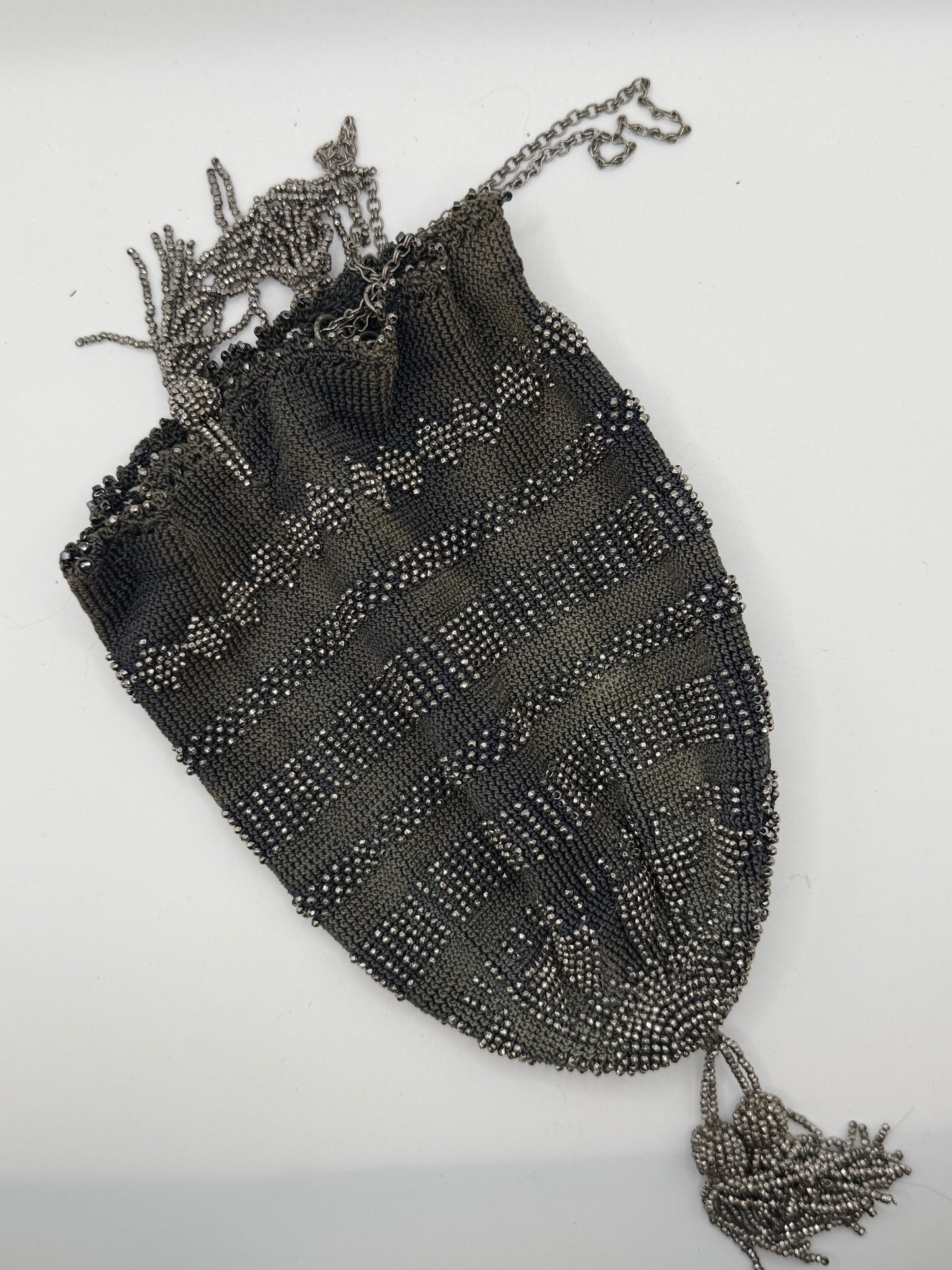 Antique French Cut Steel Beaded Reticule Bag, c. 1900–1920s