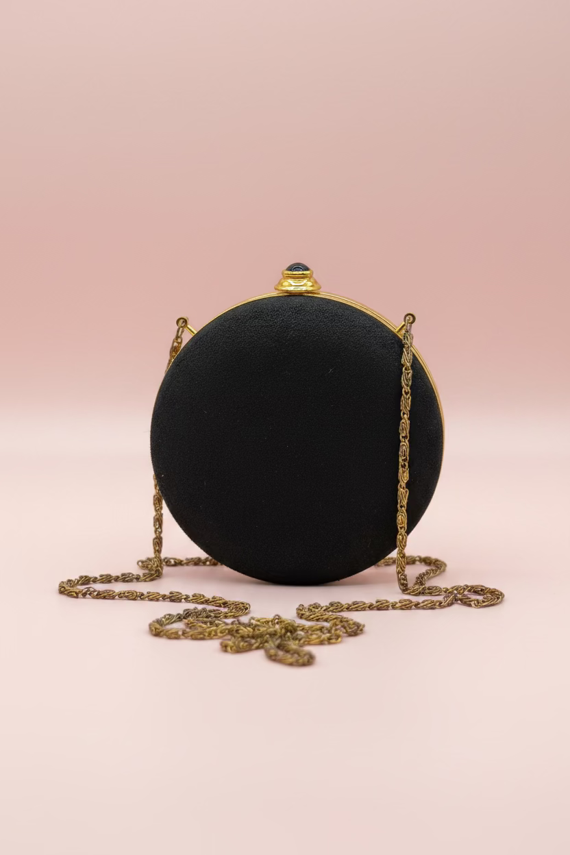 Vintage Black Victorian Revival Round Minaudière with Antiqued Gold Chain