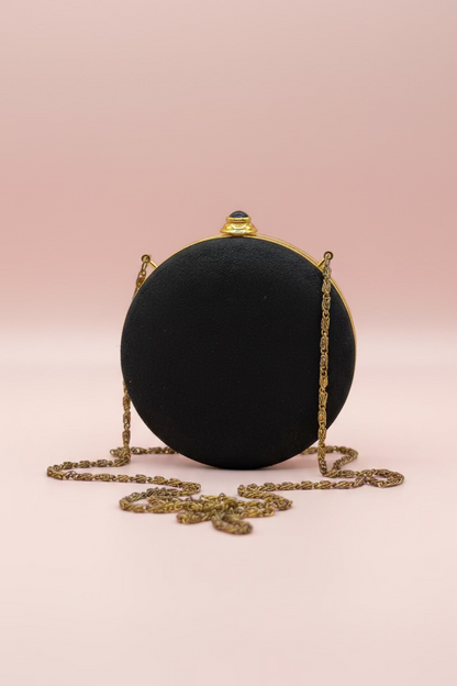 Vintage Black Victorian Revival Round Minaudière with Antiqued Gold Chain