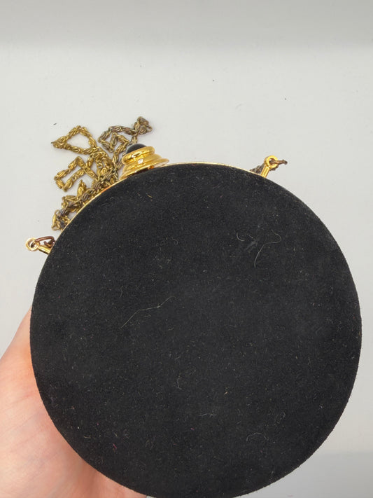 Vintage Black Victorian Revival Round Minaudière with Antiqued Gold Chain