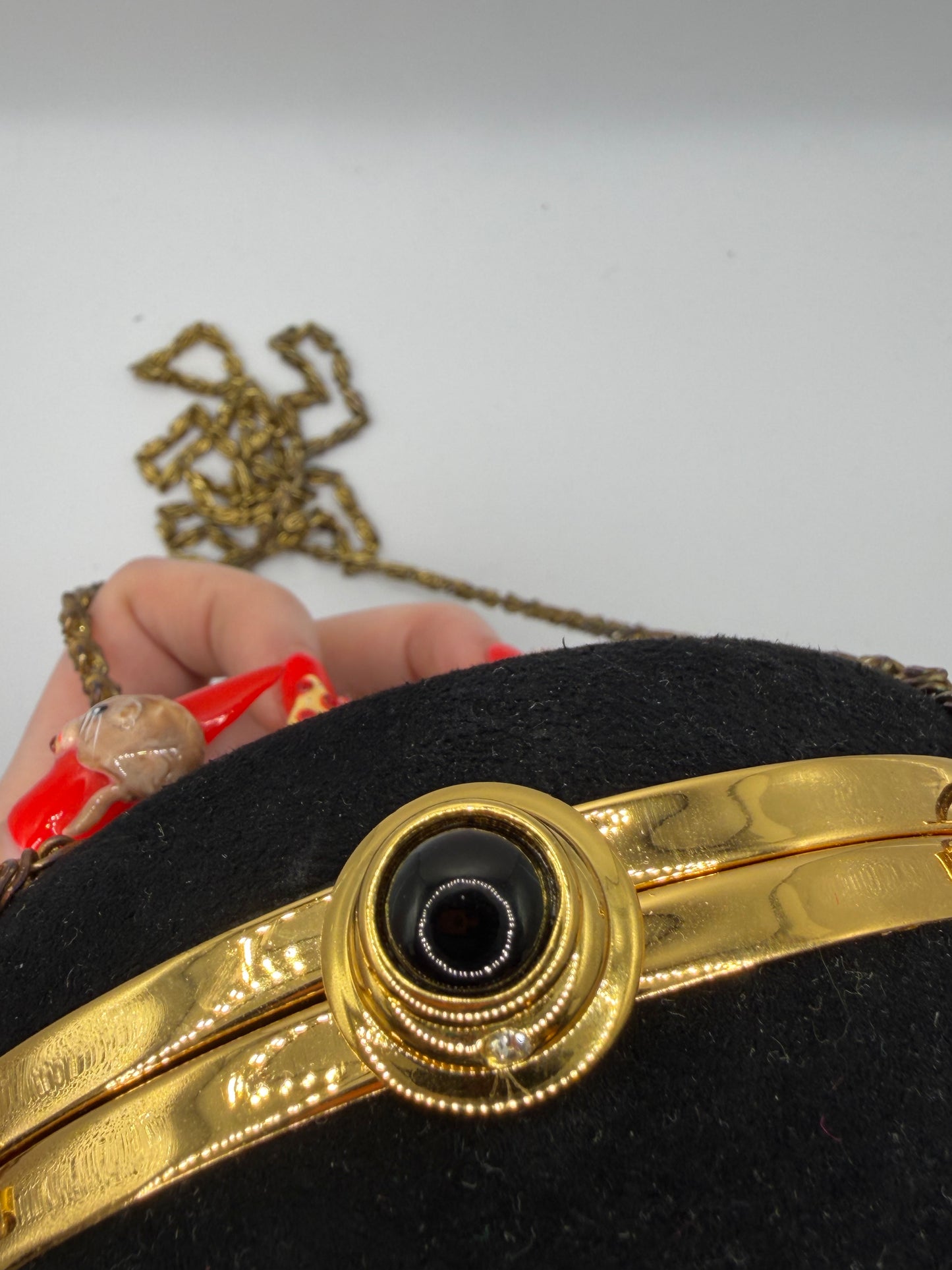 Vintage Black Victorian Revival Round Minaudière with Antiqued Gold Chain