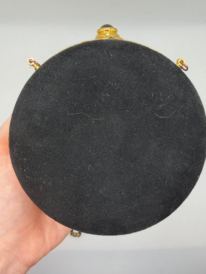Vintage Black Victorian Revival Round Minaudière with Antiqued Gold Chain