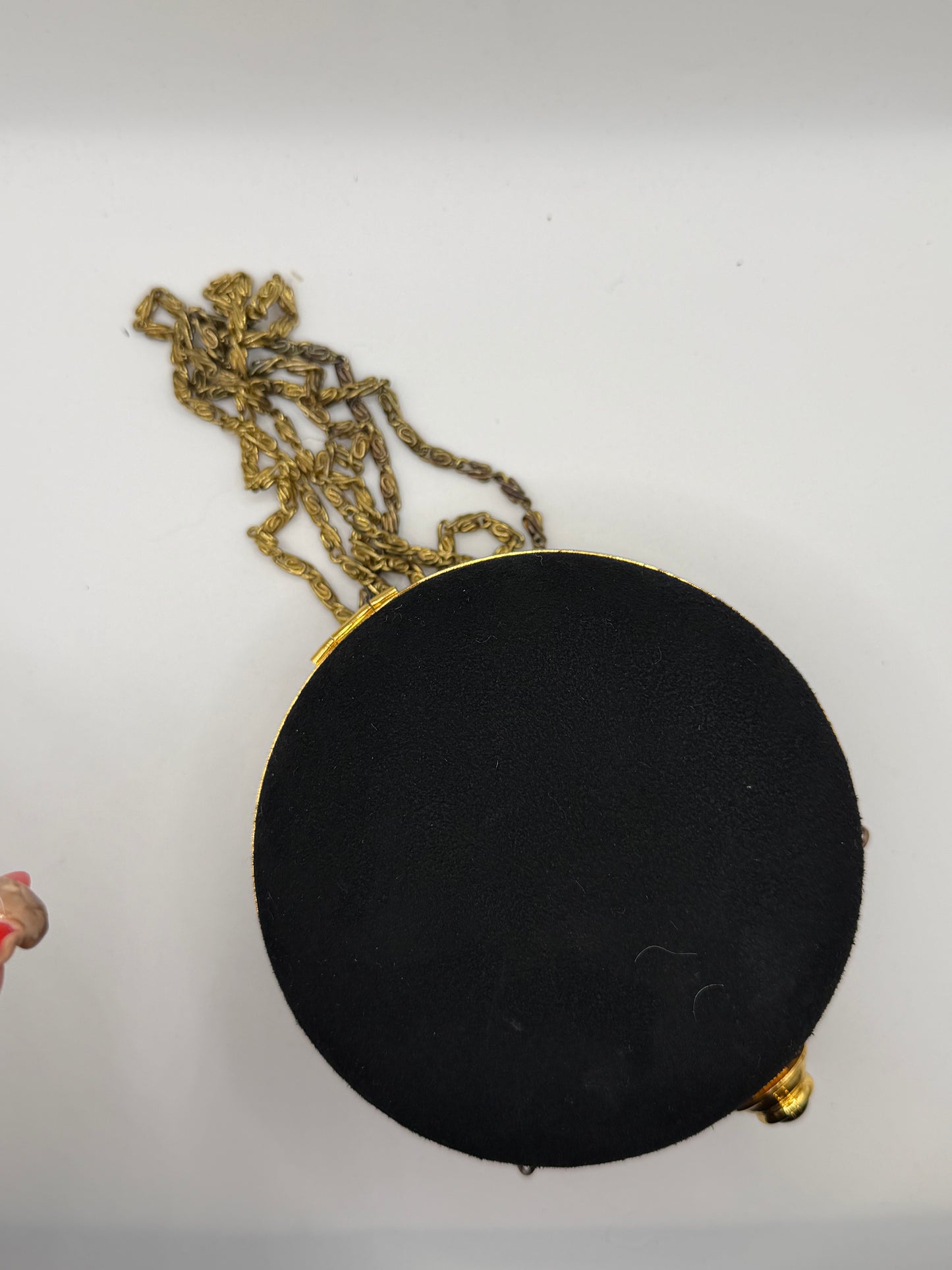 Vintage Black Victorian Revival Round Minaudière with Antiqued Gold Chain