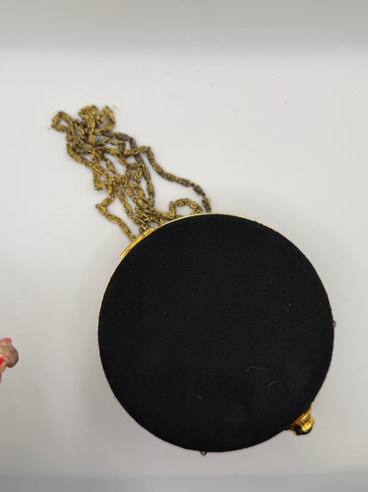 Vintage Black Victorian Revival Round Minaudière with Antiqued Gold Chain