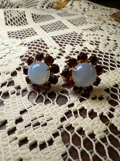 Antique Cabochon Faux Moonstone and Garnet Crystal Earrings