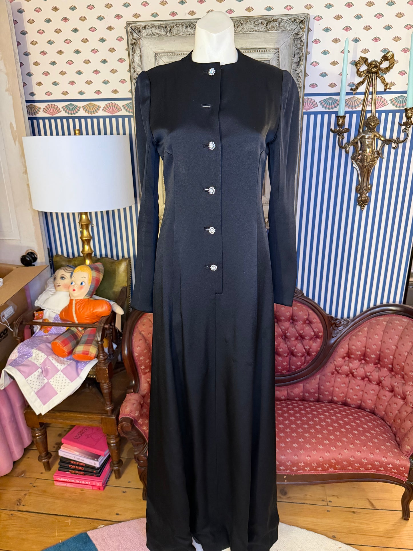Iris Apfel's Vintage Nina Ricci Haute Couture Black Gown with Crystal Buttons