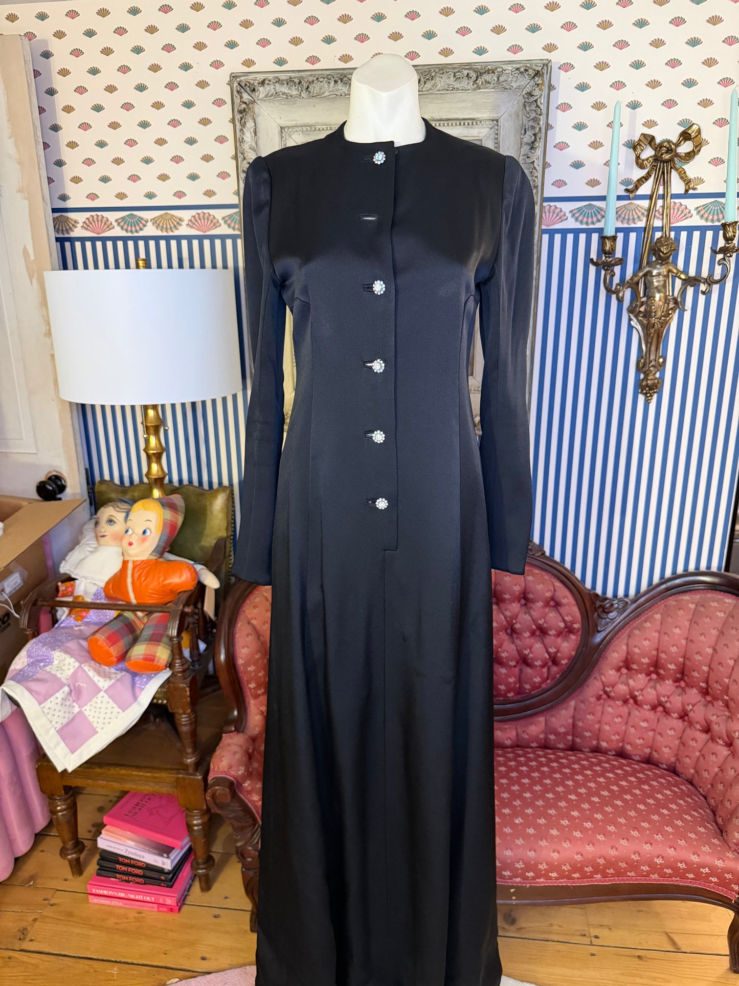 Iris Apfel's Vintage Nina Ricci Haute Couture Black Gown with Crystal Buttons