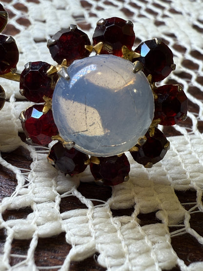 Antique Cabochon Faux Moonstone and Garnet Crystal Earrings