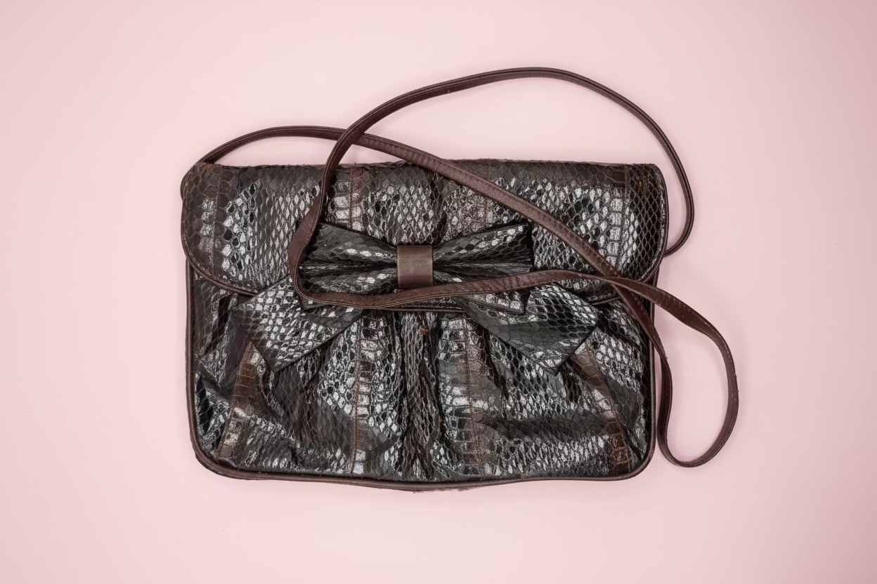 Vintage 1980s Clemente Chocolate Brown Snakeskin Bow Bag