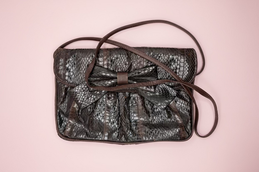 Vintage 1980s Clemente Chocolate Brown Snakeskin Bow Bag