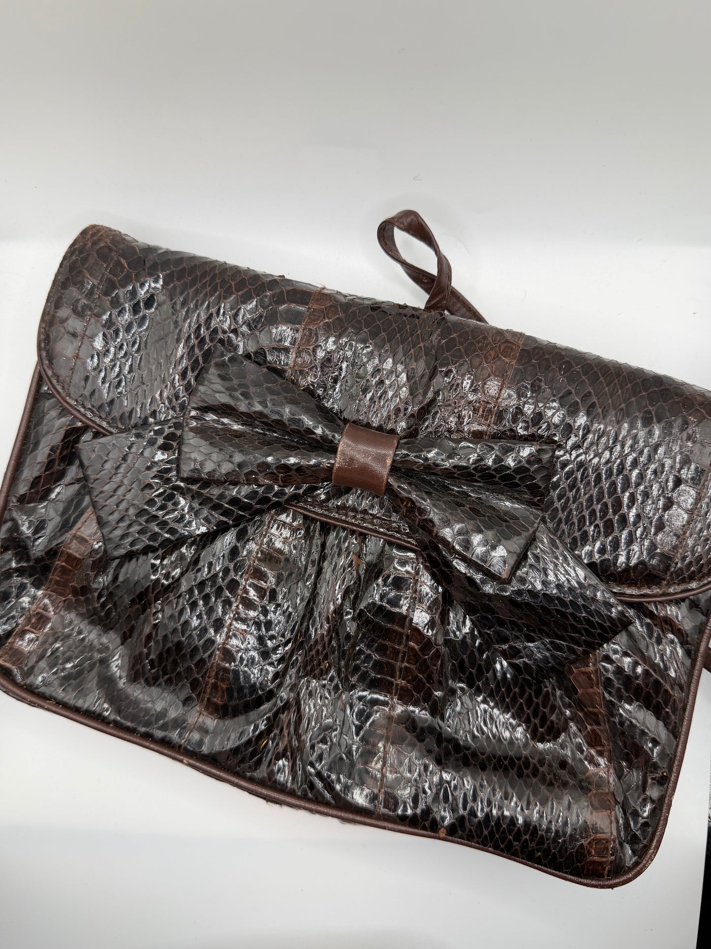 Vintage 1980s Clemente Chocolate Brown Snakeskin Bow Bag
