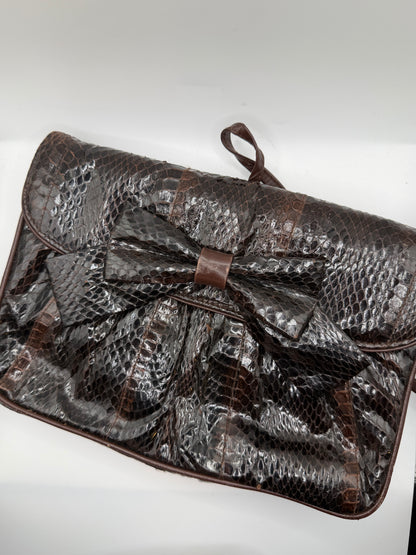 Vintage 1980s Clemente Chocolate Brown Snakeskin Bow Bag