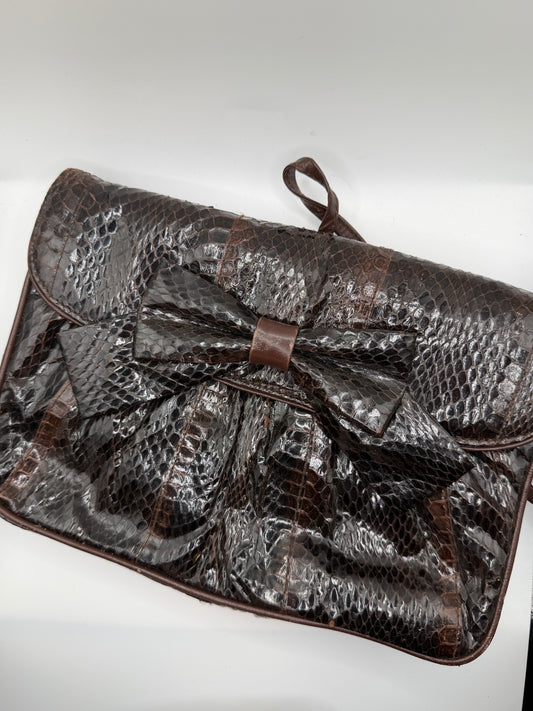 Vintage 1980s Clemente Chocolate Brown Snakeskin Bow Bag